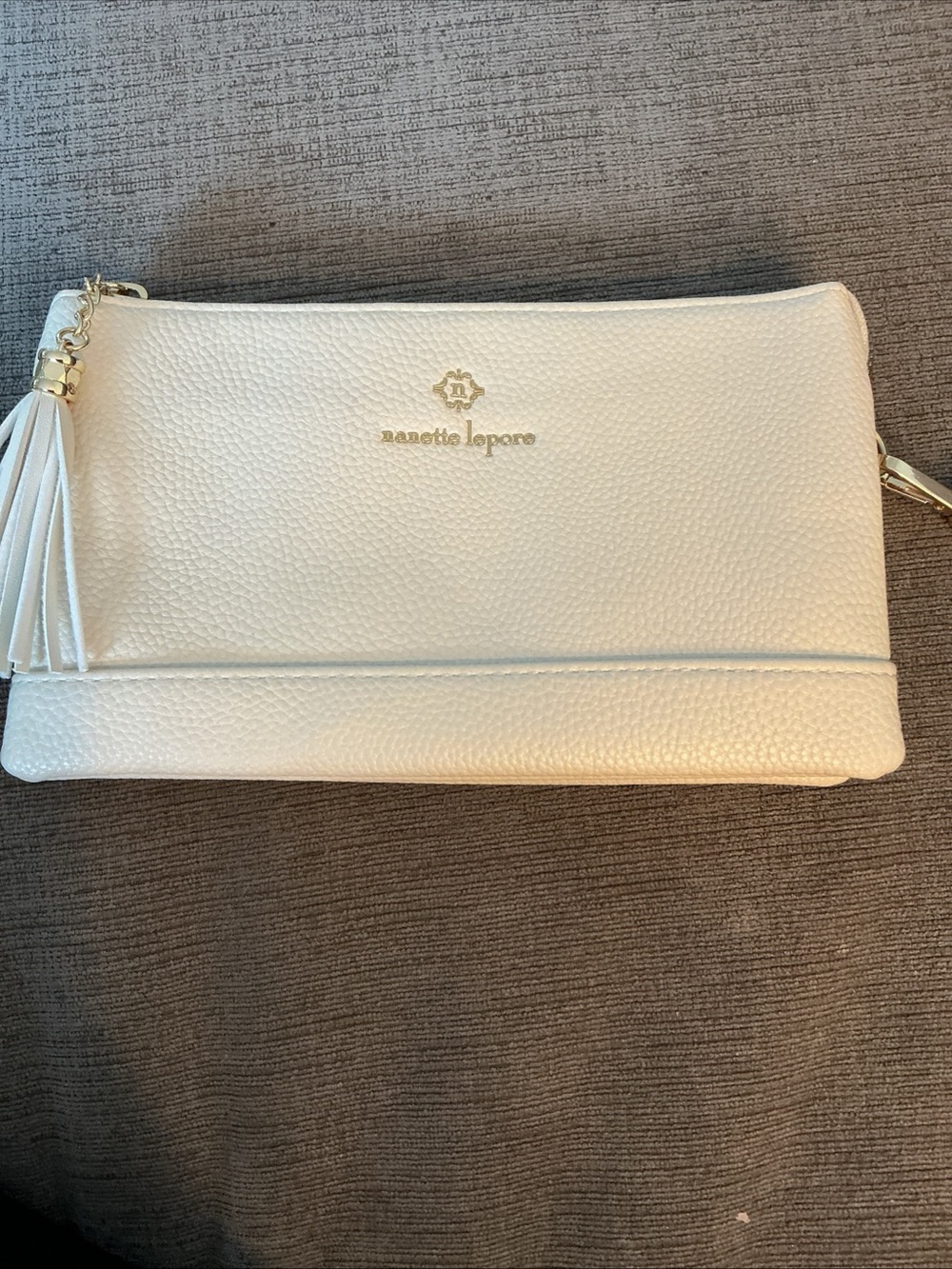 Nanette Lepore Cream Pebbled Leather Tassel Wristlet Clutch
